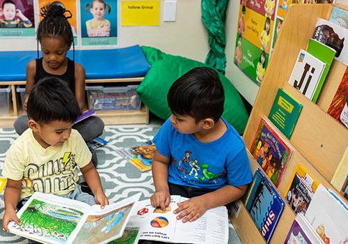 Preschool Children reading books on rug