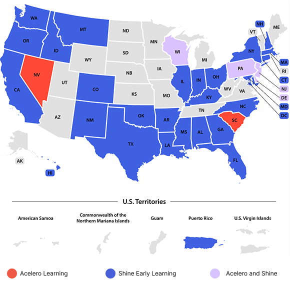 Map of Shine Early Learning partnerships across 33 U.S. states and territories.